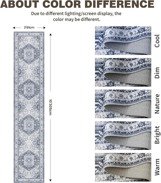 Washable 2x10 Runner Rug - Non Slip Vintage Hallway Runner Rugs for Kitchen, Waterproof Stain Resistant Long Carpet for Living Room Entryway Bedroom Laundry Navy/Blue