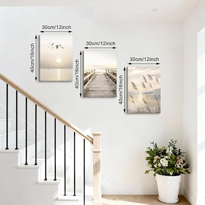 WENGTIAO 3Pcs Seascape Wall Art Beige Reeds Sunset Canvas Paintings Ocean Beach Scenic Prints Pictures Rustic Bridge Boardwalk Wall Decor Seagulls Artwork Posters for Living Room Bedroom 12”x16”x3
