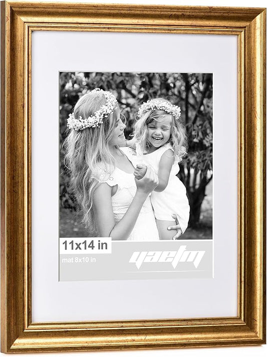 Yaetm 11x14 Gold Picture Frame with Mat for 8x10 Set of 4, 1.4" Wide Molding & Rustic Gold Frame 11 x 14 with Tempered Glass for Wall Gallery, Home and Office, Wall Mount, 4 Pack