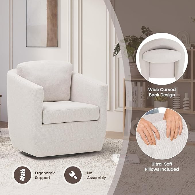 COLAMY 360° Swivel Accent Chair No-Sag Foam & Sturdy Metal Base, Fully Assembled Living Room Armchair with Pillow, Swivel Accent Single Sofa for Bedroom Living Room, Reading Room, Beige