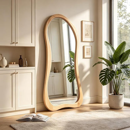 Large Irregular Mirror, 63"x30" Asymmetrical Aesthetic Mirrors with Solid Wood Frame, Premium Organic Shape Floor Mirror for Living Room Entryway Hallway Bedroom Cloakroom, Leaning/Hanging