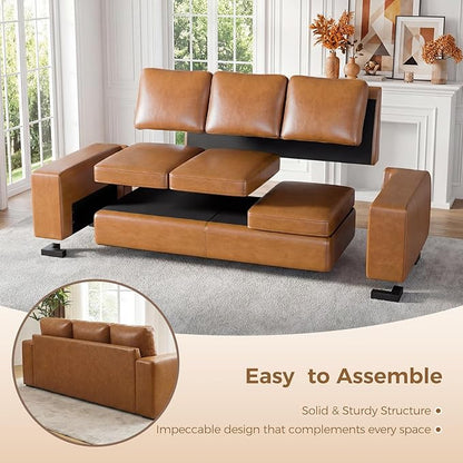 ELUCHANG 85" Luxury 3 Seater Sofa Couch for Living Room, Modern Upholstered Faux Leather Sofas Couches with Extra Deep Seats&Removable Cover, Comfy Sofa Couch for Small Space Apartment Lounge, Brown