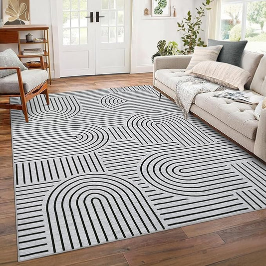 Washable Rug 9x12 Area Rugs for Living Room, Abstract Rug for Bedroom, Soft Rainbow Non Slip Throw Rugs with Rubber Back, Low Pile Stain Resistant Boho Geometric Carpet for Dining Room, Blackwhite