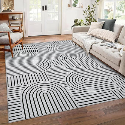 ROYHOME Washable Rug 8x10 Area Rugs for Living Room, Abstract Rug for Bedroom, Soft Rainbow Non Slip Rugs with Rubber Back, Low Pile Stain Resistant Boho Geometric Carpet for Dining Room, Blackwhite