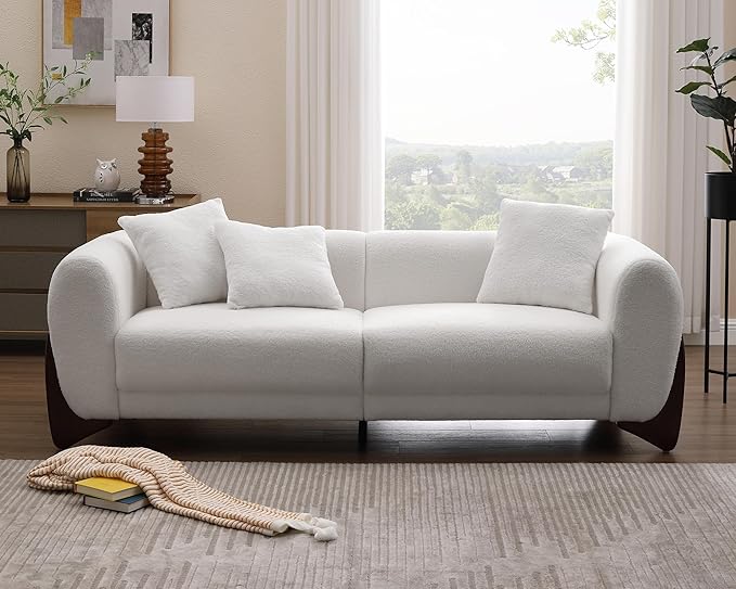 Morden Fort Modern Cloud Couch - 3 Seater Sherpa Boucle Sofa with Wood Legs, Ultra-Thick High Resilience Cushion with 3 Matching Pillows Upholstered Comfy Couch Sofa for Living Room - Off White 87''