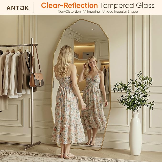 Antok Full Length Mirror, 71"x32" Floor Mirror, Free Standing Wall Mounted or Leaning Full Body Mirror with Aluminum Alloy Frame, Diamond Irregular for Bedroom Entryway Cloakroom, Gold