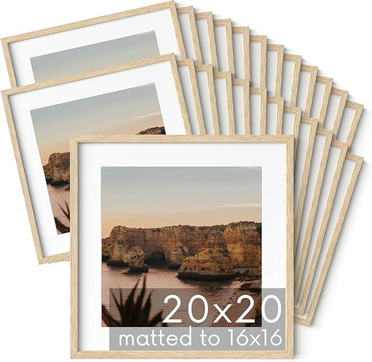 HAUS AND HUES Beige Oak Wood 20x20 Picture Frames - Set of 25, Square Frames with Mat, Large Frames for Wall Gallery (20x20 in, Beige, Set of 25)