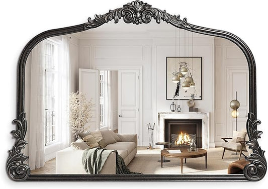 Wylde Iris English Estate Carved Arch Wood Wall Mirror, Mirror for Entryway, Living Room, Bathroom, Distressed Black, 26x37