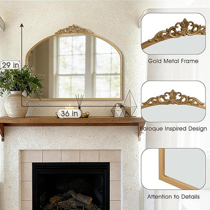 1 Set Vintage 36x29 Gold Antique Baroque Arched Ornate Traditional Brass Mirror and 8.5x12 Vintage Vanity Makeup Desk Table Mirror for Bathroom Entryway Living Room Hallway Fireplace