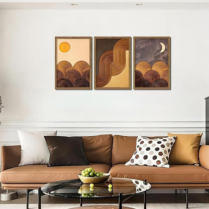 raiqtols Abstract Framed Wooden Canvas Wall Art Set of 3 – Sun Moon Geometric Boho Modern Wall Decor, Golden Brown Mid Century Prints with Wooden Frame for Living Room Bedroom – 16x24in