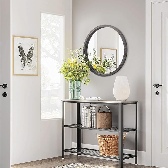 JJUUYOU Circle Wall Mirror 16 Inch Wooden Round Wall Mirror for Bathroom Vanity Gray Circular Mirror Washroom Wall Mounted Wood Frame Make up Mirror for Living Room Bedroom Dorm