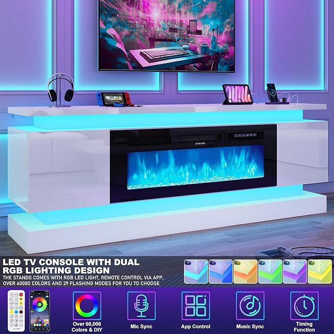 chartustriable 71IN LED TV Stands w/40 inch Fireplace Power Outlet for 85/80/75 Inch TVs,High Glossy Modern TV Media Console Gaming with 2 Storage Cabinets,Dual LED Lights,White