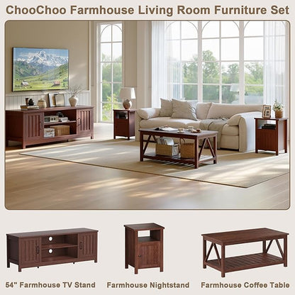 ChooChoo 54" Farmhouse TV Stand for TVs up to 65 inches, Entertainment Center with Storage Cabinets, Open Shelves and Fluted Door, TV Console Table for Living Room, Bedroom, Walnut