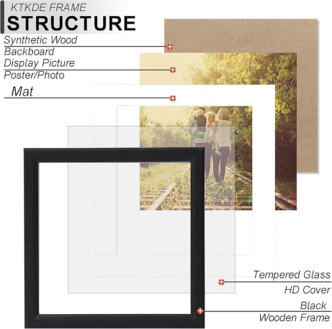 KTKDE 10x10 Picture Frame, Display 8x8 With Mat or 10x10 Without, Tempered Glass Wooden Square Photo Frame for Black Frame, Wall Gallery Poster Frame best gift