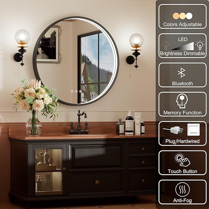 36 Inch Bluetooth Bathroom Mirror with LED Lights, Black Frame Round Vanity Mirror with Lights and Bluetooth, Anti-Fog, Dimmable, 3000K/4500K/6000K, CRI 90+,Memory Function