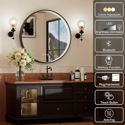 30 Inch Round LED Bathroom Mirror with Dual Bluetooth, 3 Color Temperatures (3000K/4500K/6000K), Anti-Fog, Dimmable, Black Frame Round Vanity Mirror with Lights and Bluetooth