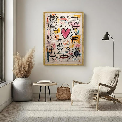 Large Gold Framed Modern Graffiti Wall Art Colorful Abstract Heart Doodle Canvas Poster Beige Textured Pink Love Painting Prints Modern Street Urban Pop Artwork for Bedroom Home Decor 24x36inch