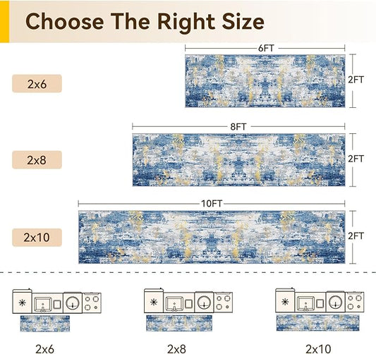 RELEANY Washable Area Rugs 2'x6' Non-Slip Modern Abstract Soft for Living Room Entryway Bedroom Nursery, Print Pattern, Grey Blue Gold/Golden