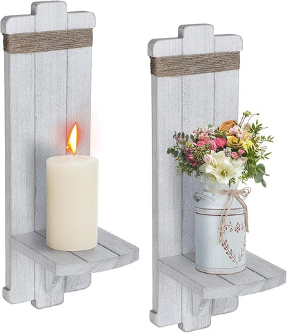 Alphatool Farmhouse Wall Decor Candle Sconces - 2 Pcs Vintage Rustic Handmade Wooden Wall-Mount Candle Holders for Bedroom Livingroom Home Hanging Art Decorations Accessories Gifts, Grayish-White