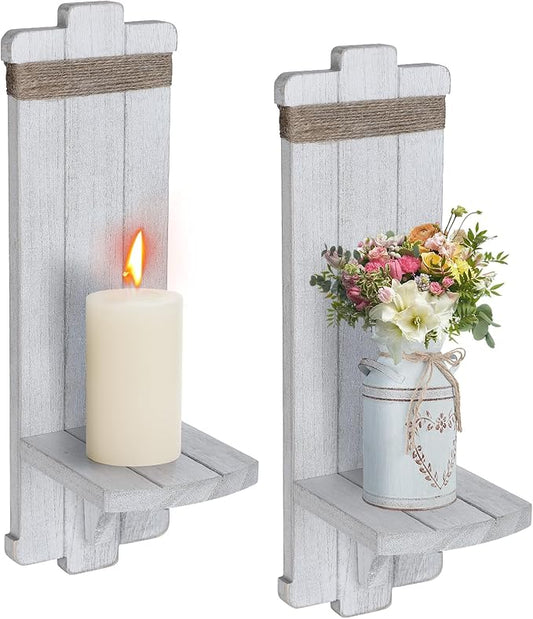 Alphatool Farmhouse Wall Decor Candle Sconces - 2 Pcs Vintage Rustic Handmade Wooden Wall-Mount Candle Holders for Bedroom Livingroom Home Hanging Art Decorations Accessories Gifts, Grayish-White