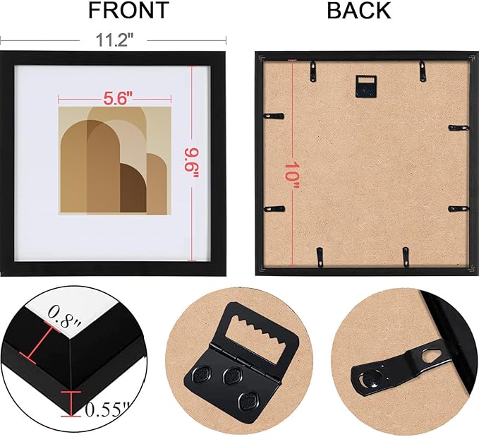 HEART ART 10x10 Picture Frame Set of 9,Display Pictures 6x6 with Mat or 10 x 10 without Mat,Multi Collage Gallery Square Photo Frames for Wall,Black