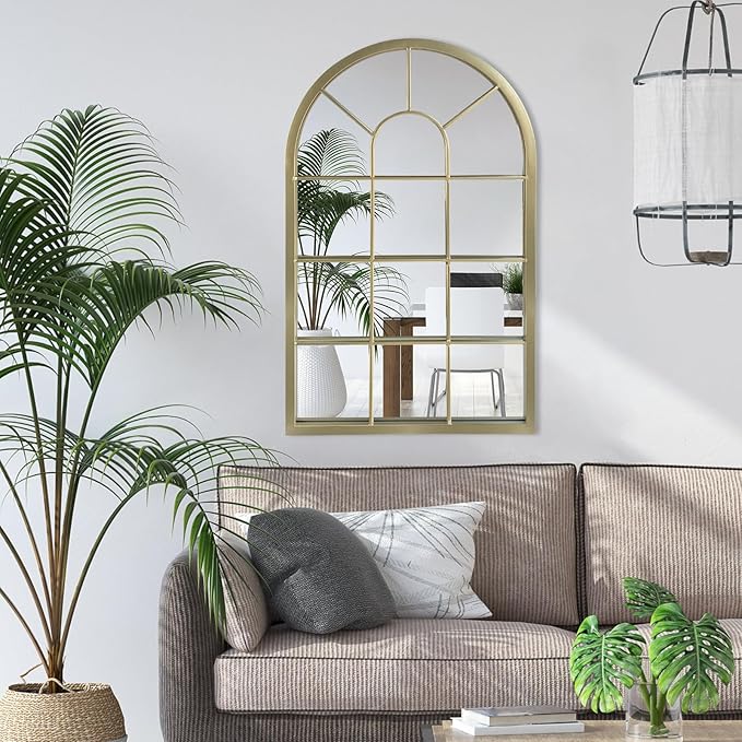 HQiJun Wall Mirror Window Decorative Mirrors Arched Farmhouse for Living Room Bedroom Entryway Bathroom Vanity(Gold,31.5” x 20” x 1”)