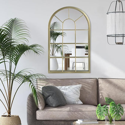 HQiJun Wall Mirror Window Decorative Mirrors Arched Farmhouse for Living Room Bedroom Entryway Bathroom Vanity(Gold,31.5” x 20” x 1”)