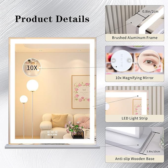 ANYHI Makeup Mirror with Lights, 24"x20.5" Lighted Vanity Mirror with 10X Magnifying, 3 Color Modes, Dimmable, Smart Touch Control, Memory Function, USB Charging Port, Tabletop/Wall Mount, Silver