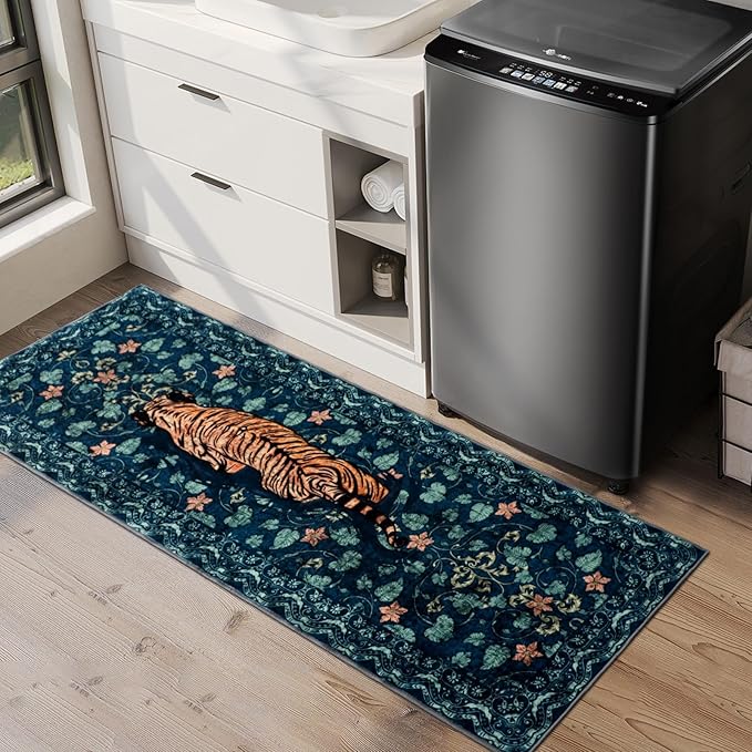 Tiger Rug Runner for Hallways 2x6Ft, Boho Farmhouse Kitchen Laundry Runner Rugs Non Slip, Low Pile Soft Animal Bedroom Floor Carpet for Entryway Laundry Bathroom Spring Summer, Dark Blue