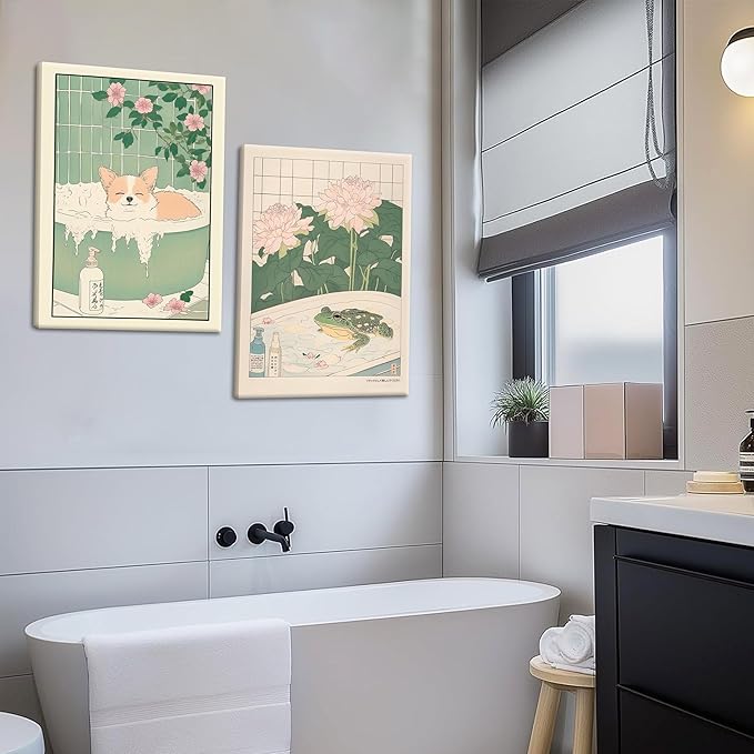 Framed Japanese Bathroom Wall Art Set of 2, Funny Japanese Bathroom Frog Dog Wall Decor, Nature Relaxation Canvas Prints Poster, Minimalist Aesthetic Home Spa Decor Picture 12x16 Inch