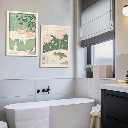 Framed Japanese Bathroom Wall Art Set of 2, Funny Japanese Bathroom Frog Dog Wall Decor, Nature Relaxation Canvas Prints Poster, Minimalist Aesthetic Home Spa Decor Picture 12x16 Inch