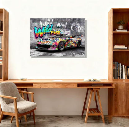 16x24 Modern Graffiti Sports Racing Car Canvas Wall Art Framed Urban Street Galley Oil Painting Gray Picture Teen Boys Pop Funny Home Decor Kids Bedroom Posters Men Office Living Room Cool Prints