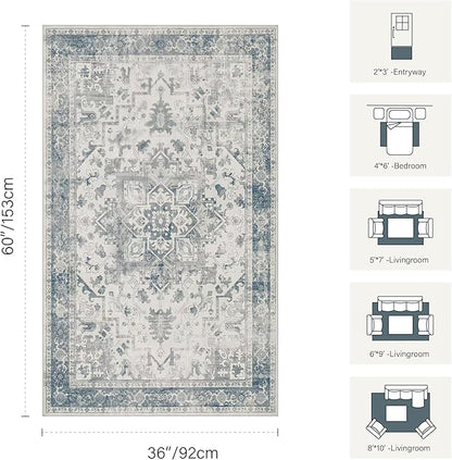 Rugxara 3x5 Washable Entryway Rug, Non Slip Boho Runner Rugs for Hallway, Entrance, Kitchen, Bathroom, Laundry Room, Soft Entryway Carpet, Throw Low Pile Retro Imitation Wool Carpet, Light Blue Grey