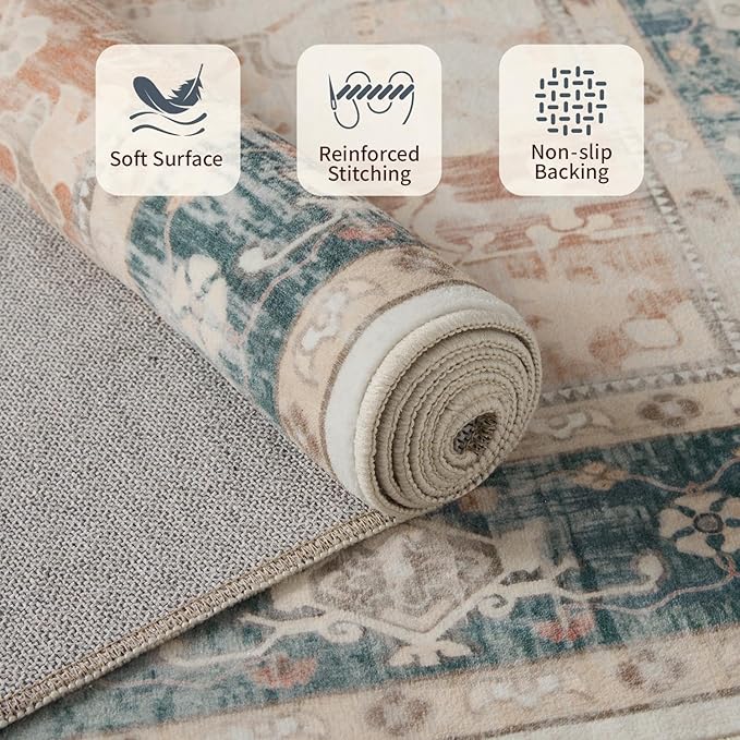 Rugxara 6X9 Orange Boho Rug,Large Washable Area Rugs for Living Room, Neutral Vintage for office, Dining Room, Kids Room, Farmhouse, Low Pile Non Slip Carpet for High Traffic Areas, Coral(orange&blue)