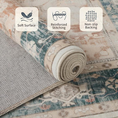 Rugxara 6X9 Orange Boho Rug,Large Washable Area Rugs for Living Room, Neutral Vintage for office, Dining Room, Kids Room, Farmhouse, Low Pile Non Slip Carpet for High Traffic Areas, Coral(orange&blue)