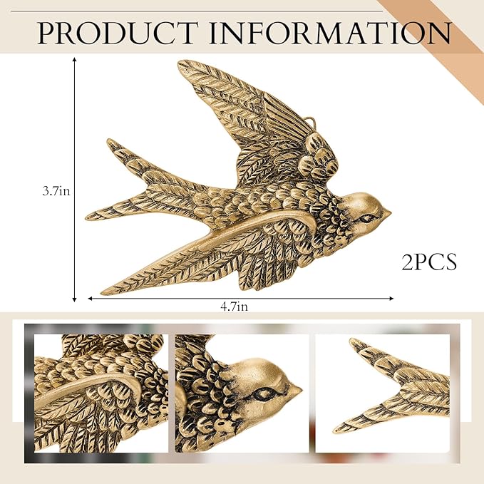 2 Pcs Vintage Bird Wall Sculpture Decor Art 4.7 Inch Antique 3D Sculpted Hanging Bird Resin Wall Art Golden Brass Floating Ornament for Living Room Garden Outdoor, Gifts for Couples Housewarming