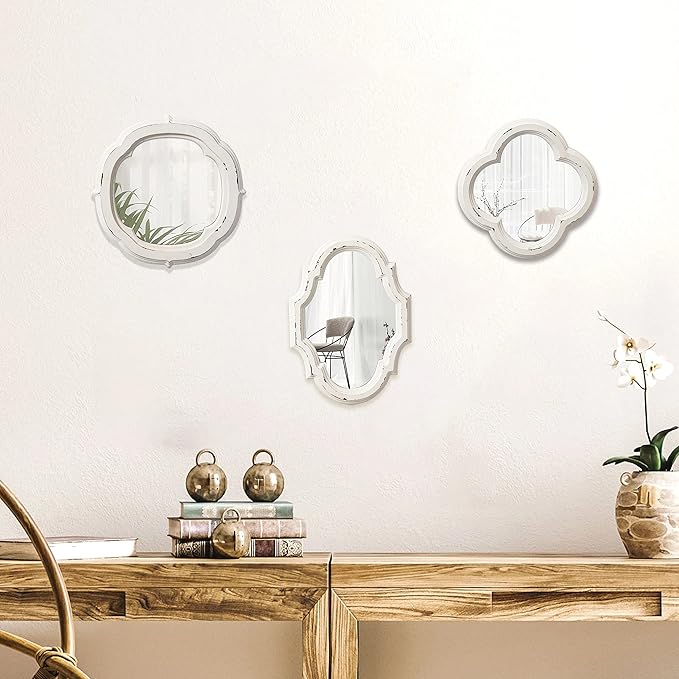 Rustic Wooden Round Bathroom Mirror 9.1 inch, Hanging Distressed White Vintage Small Wall Mirror Decor, Farmhouse Decorative Porthole Mirrors for Hallway Bedroom Entryway Vanity