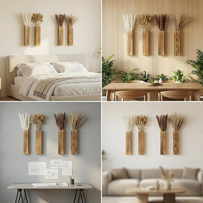 Sawoake 4-Piece Wooden Hanging Wall Vase Set with Pampas Grass and Eucalyptus Dried Flowers, Modern Farmhouse Home Decor for Living Room Entryway Bathroom Hallway Dining Room（Brown）