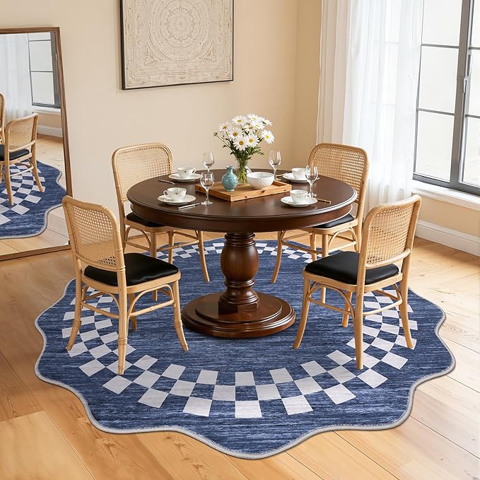 6ft Washable Round Rug for Entryway Modern Checkered Bedroom Circle Rug Non Slip Soft Dining Room Round Throw Carpet Large Stain Resistant Border Round Rugs for Living Room Kitchen Bathroom, Blue