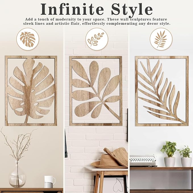 3PCS Wall Art Decor Leaf Sign Walls Vintage Tropical Plant Wall Rustic Palm Leaf, Wood Decorative Board, Rustic Wall Panel for Living Room/Bedroom, Solid Wood Backdrop for Shelves & Home Decoration(Khaki，Style2)