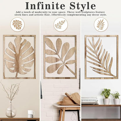 3PCS Wall Art Decor Leaf Sign Walls Vintage Tropical Plant Wall Rustic Palm Leaf, Wood Decorative Board, Rustic Wall Panel for Living Room/Bedroom, Solid Wood Backdrop for Shelves & Home Decoration(Khaki，Style2)