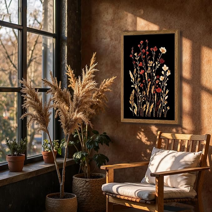 JLTULT Vintage Floral on Black Background Canvas Wall Art, Elegant Dark Wildflower Wall Decor, Botanical Painting Art Prints for Bedroom Bathroom Living Room Office 20x30 In Wood Framed Easy to Hang