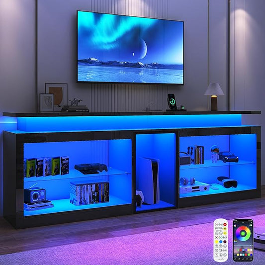 80" LED TV Stand with Power Outlet,60-Colors LED Lights For 80 85 90in TV,High Gloss Gaming Entertainment Center w/Adjustable Shelves,Black TV Console with Modern Design for Living Room Bedroom