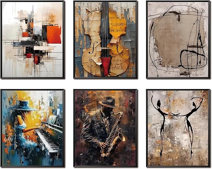 Modern Abstract Music Wall Art Set of 6, Unframed Canvas Posters Prints, Jazz Musician Piano Violin Abstract Painting Artwork, Contemporary Colorful Wall Decor for Living Room Bedroom Office 8x10 Inch