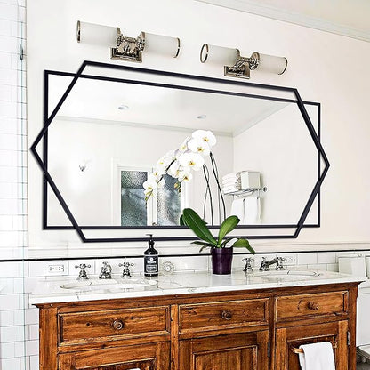 Black Wall Mirror for Decor, 30"x59" Decorative Living Room Mirror, Small Bathroom Mirror with Metal Frame, Modern Hexagon Mirror for Dining Room, Entrance