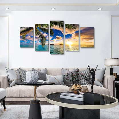 EPHANY Modern 5 Piece Framed Giclee Canvas Prints Art - Blue Beach Landscape Blue Paintings on Canvas Wall Art Wall Art Canvas Print Frame Picture Painting for Room Home Decorations