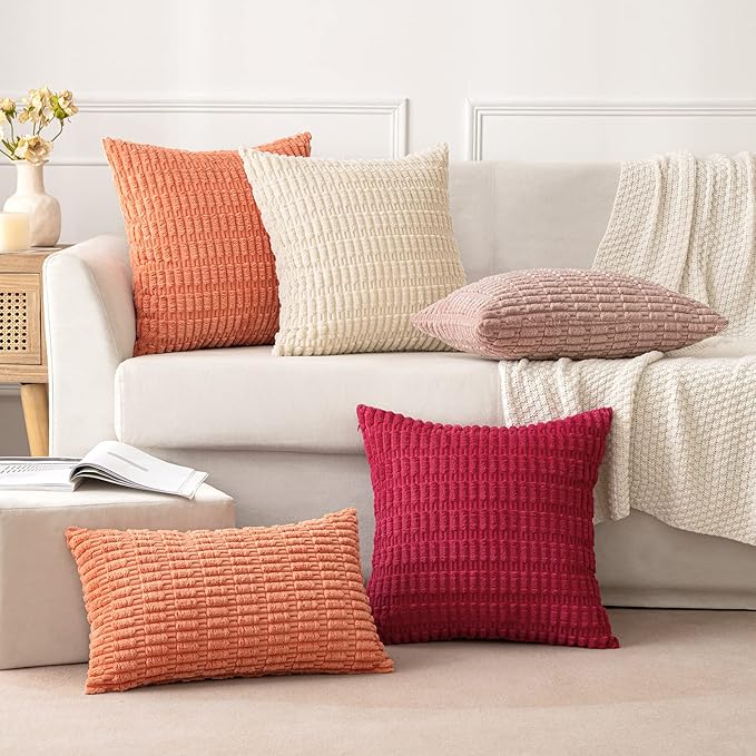 MIULEE Pack of 2 Corduroy Decorative Throw Pillow Covers 16x16 Inch Soft Boho Striped Pillow Covers Modern Farmhouse Home Decor for Summer Sofa Living Room Couch Bed Coral