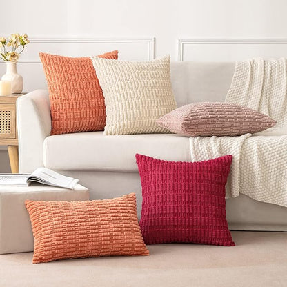 MIULEE Pack of 2 Corduroy Decorative Throw Pillow Covers 16x16 Inch Soft Boho Striped Pillow Covers Modern Farmhouse Home Decor for Summer Sofa Living Room Couch Bed Coral
