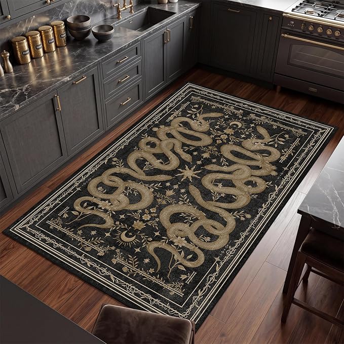 Garvee Snake Gothic 6x9 Area Rug Dark Whimsical Moody Witchy Unique Soft Thin Large Carpet for Living Room Bedroom Dining Room Playroom Indoor Decor Low Pile TPE Backing Black Gray