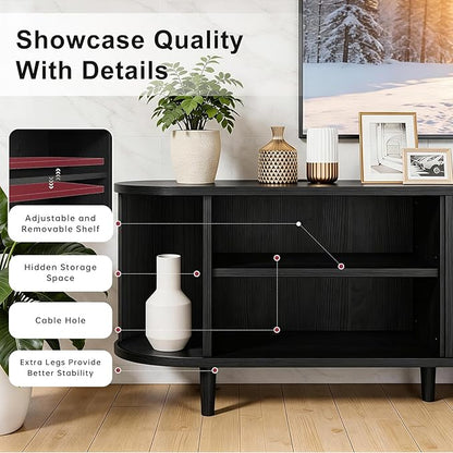 65" Mid Century Modern TV Stand, Wood TV Consoles with Sliding Doors and Power Outlet, Fluted Entertainment Center with Adjustable Shelves, Media Console for Living Room, Black